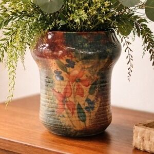 Floral Ceramic Vessel Vase Signed Dated Studio Pottery Hand Painted Thrown Boho